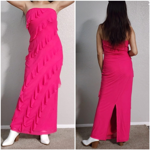 NWT BTFBM Hot Pink Strapless Tube Ruffle Frill Mesh Bodycon Long Maxi Dress XXL - Picture 9 of 13